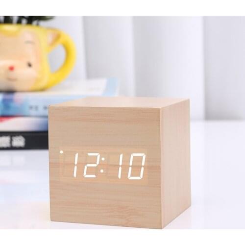 1Pcs Modern Wooden Wood Square LED Alarm Clock Multicolor Sound Control Watch Table Voice Control Calendar Thermometer Display