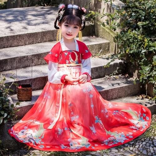 Chinese Style Traditional Dress Red Print Hanfu Child Clothes Folk Dance Girl Tang Dynasty Costume