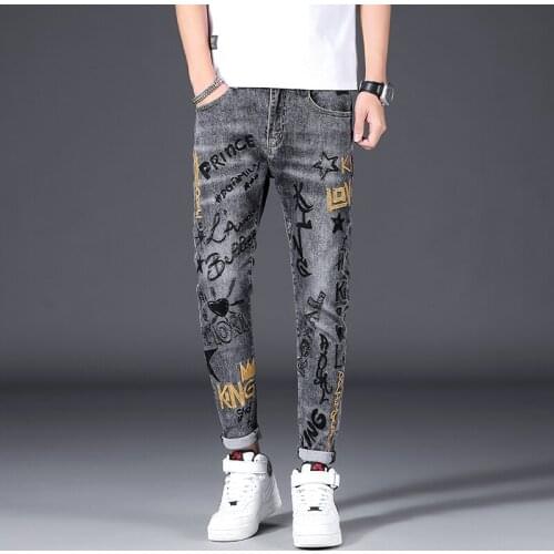 High Street Fashion Men Jeans Retro Gray Embroidery Designer Slim Fit Printed Jeans For Men Elastic Hip Hop Denim Punk Pants