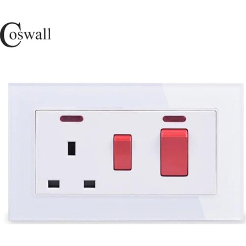 COSWALL 45A DP Wall Cooker Switch Electric + 13A BS UK Standard Switched Socket With Neon 3x6 Size Crystal Tempered Glass Panel