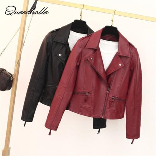 New Autumn 2020 Women Faux Leather Jacket Biker Wine Black Coat Turndown Collar PU Motorcycle Jackets Loose Streetwear Outerwear