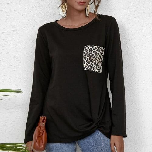 O-neck T-shirt Leopard Pocket Tee Women Summer Long Sleeve 2021 Fashion Leopard Back Tops Tee Summer New Loose Tee Shirt Female