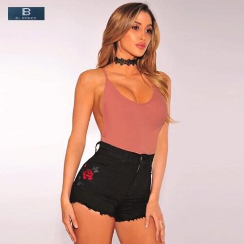 [EL BARCO] Cotton Floral Embroidery Women Casual Shorts Jeans Denim Summer High Waisted Pockets Black Blue Female Soft Trousers