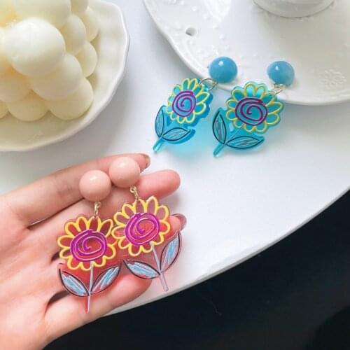 Korea Ins Vintage Sun Flower Earrings Multicolor Funny Cartoon Art Painting Plant Acrylic Earrings for Women Fashion Jewelry New