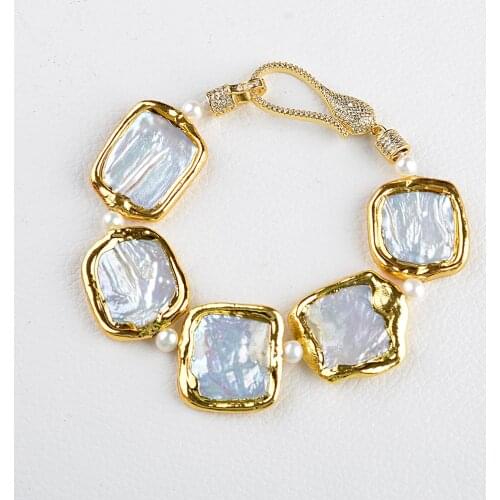 Womens 8" White Square Keshi Pearl Golden plated Bracelet