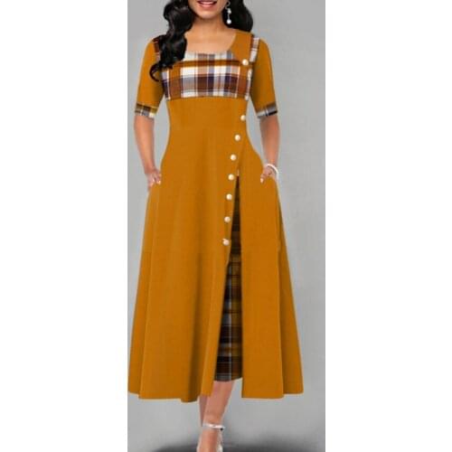 Fashion Autumn Women O-Neck Half Sleeve Plaid Print Button Detail Elegant Maxi Dress Casual Patchwork Irregular Long Party Dress