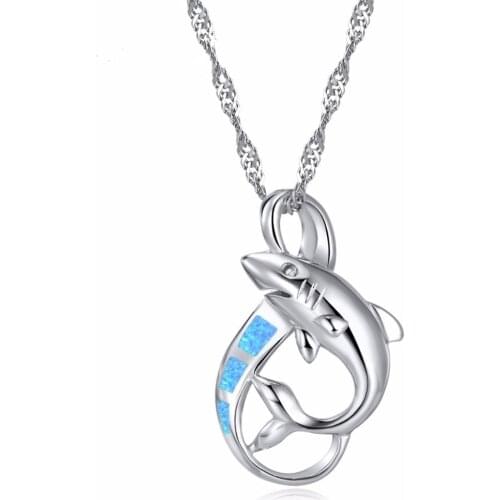 Fashion Cute Female Big Shark Animal Pendant Necklace Women Silver Color Blue Fire Opal Chain Necklaces Boho Jewelry