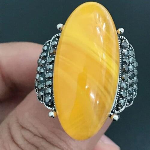 Ethnic Style Big Oval Yellow/Green Stone Rings For Women Vintage Filled Shining Zircon Ring Bling Engagement Wedding Band Rings