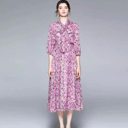 IVY HE Summer Womens Dress 2021 Holiday Vintage Dress Quarter Sleeve Print Elastic Waist Chiffon Flowers Big Swing Dresses