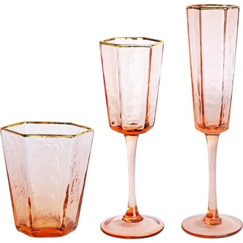 Free Shipping 2 PCS Creative Hexagonal Hammered Gold Rim Champagne Glass, Wine Glass,Whisky Glass, Water Glass Set of 2
