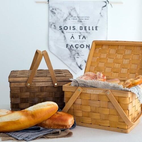 French woven picnic basket with lid wooden storage handle basket bakery shop bread display forest wedding shooting props