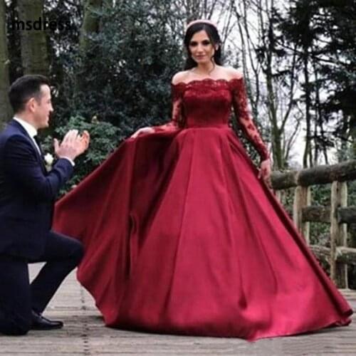 Elegant 2019 Long Sleeves Lace Evening Dresses Bateau Neck Ruched Satin A Line Prom Dress Zipper Back Formal Gowns