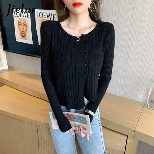 Jielur Autumn New Korean Style Cropped Knitwear 4 Colors Slim Women Cardigan Black White Irregular Hem Knitted Sweater Lady Tops