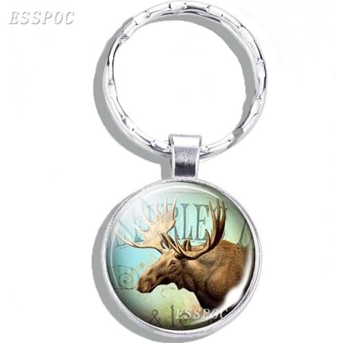 Elk Silver-plate Key Chain Deer Jewelry Charm Moose Collage Pendant Fashion Glass Cabochon Key Ring