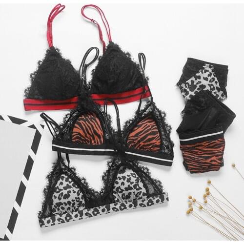 New Summer Sling Bra Set Sexy Leopard Lace Style Women Underwear Wire-Free Triangle Cup Comfortable Lingerie and T Panties Set