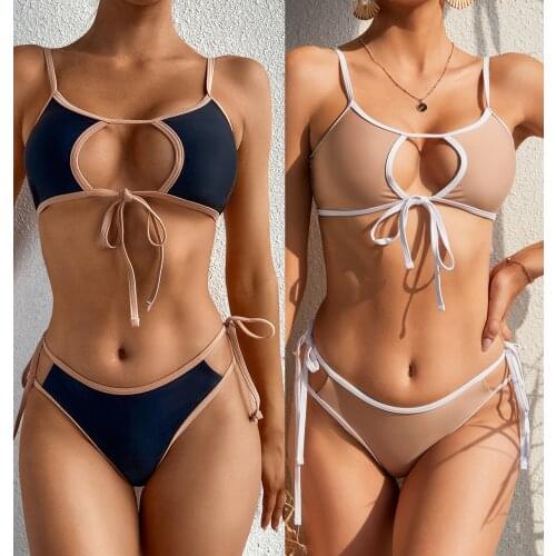 Fashion Women Bikini Sets Split Swimsuit Set Solid Color Backless Low Cut Bikini Lace Up Panties Summer Beachwear