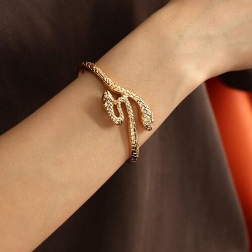 Fashion Gold Snake Bangles for Men Adjustable Opening Bangle Boho 2 Snakes Bracelet Women Punk Jewelry Girl Pulseras Accessories