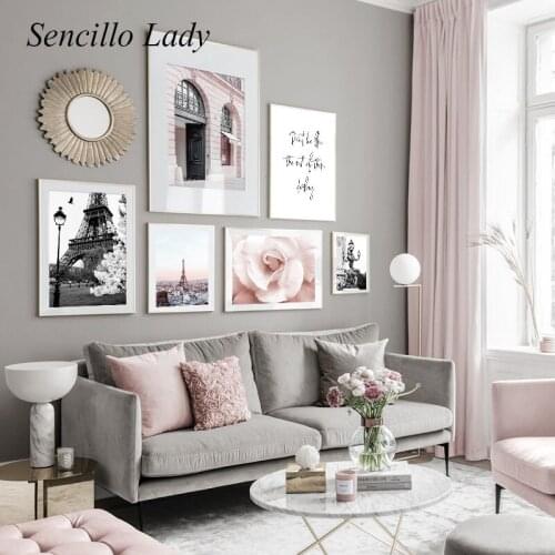 Eiffel Tower Paris Cityscape Canvas Poster Pink Flower Print Fashion Art Painting Nordic Wall Picture Modern Home Decoration