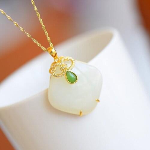 Natural Authentic Hotian Jade Pendant Womens Jade Vintage Necklace Womens Chinese Ethnic Style Artistic Silver Inlay Pendant