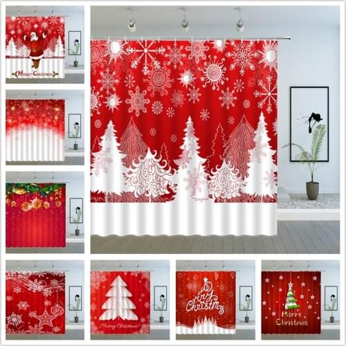 Cartoon Christmas Shower Curtains Xmas Tree Ornaments Santa Claus Pine Branches Shiny Dots New Year Bathroom Decor Cloth Curtain