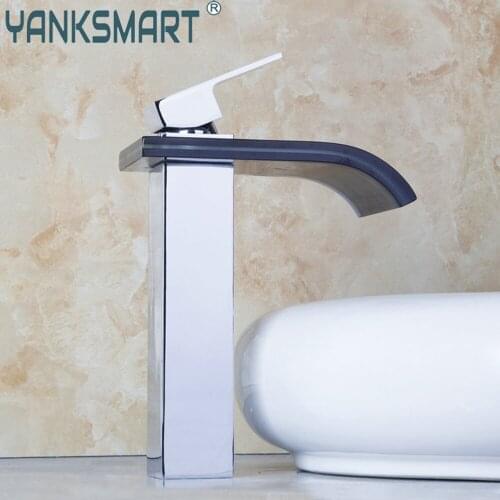 YANKSMART Black Glass Waterfall Spout Bathroom Faucet Deck Mounted Single Handle Washbasin Faucets Basin Sink Mixer Water Tap