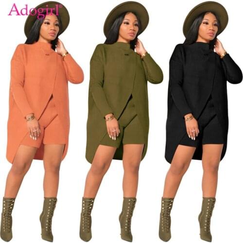 Adogirl Women Solid Sweater Two Piece Set Turtleneck LFull Sleeve Split Asymmetric Pullover Long Top Shorts Tracksuits