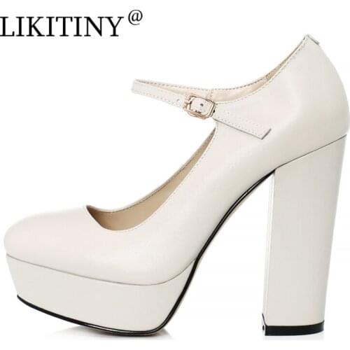 LIKITINY 2021 Spring Autumn Chunky heels Genuine leather Sexy High heels Square head White Black buckle strap Pumps office lady