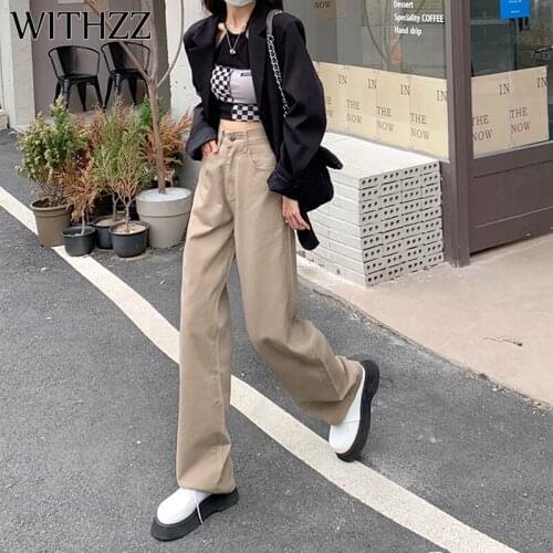 WITHZZ Spring Autumn Women Straight Pants Khaki Denim Casual High Waist Female Jeans