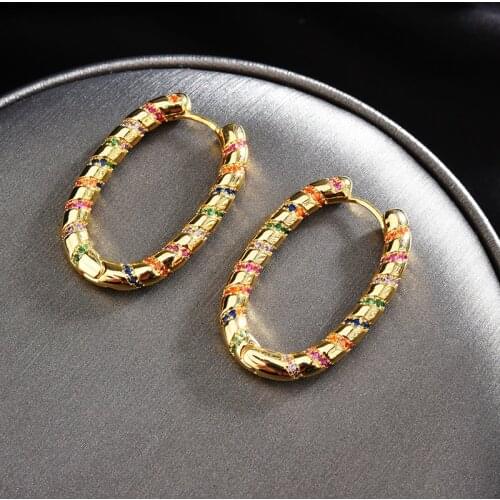 Top Quality Gold Color Pave Orange Blue Green Zircon Stripe Designer Big Buckle Hoop Earrings For Women INS Jewelry