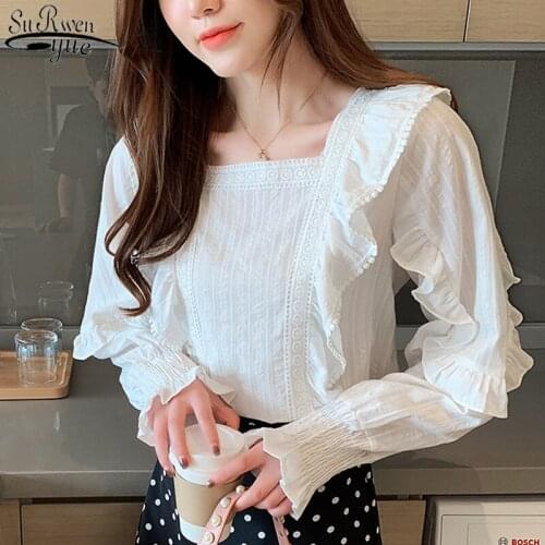 Autumn New Korean Flare Long Sleeve Square Collar Loose White Shirt Ruffles Slim Overalls for Women Vintage Ropa De Mujer 10695