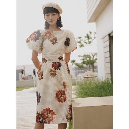 Lantern Sleeve Vintage Flower Print Plaid Dress 2021 Summer New Fashion Fairy Dress Female Lady Hot-Sell