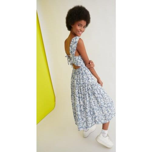 Blue Back Detailed Patterned Dress For Woman