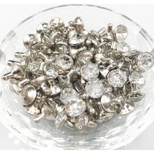 100Sets 6mm&8mm Clear Crystal Rhinestone Rivets Silver Metal Base Rapid Studs Decoration Findings For Clothing Bag Leathercraft