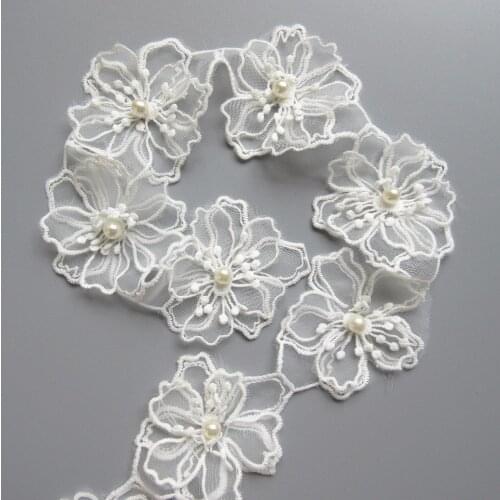 2 yards White Pearl Flower Handmade Beaded Embroidered Net Lace Edge Trim Ribbon Double Layered Applique Dress DIY Sewing Craft