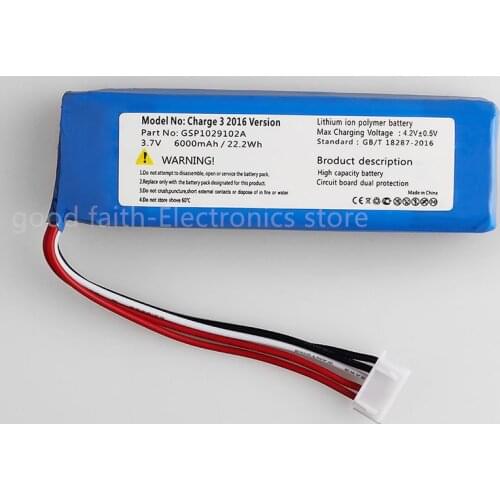 New 3.7V 6000mAh Battery for JBL Charge 3 2016 Version Player Li-Polymer Rechargeable Accumulator Pack Replacement GSP1029102A