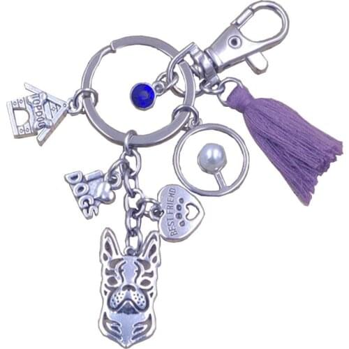 Boston Terrier Dog Animal Handmade Luxury Charm Bag Keychain Key Ring Pet Tassels Antique Bohemian Women Men Jewelry Gift K152
