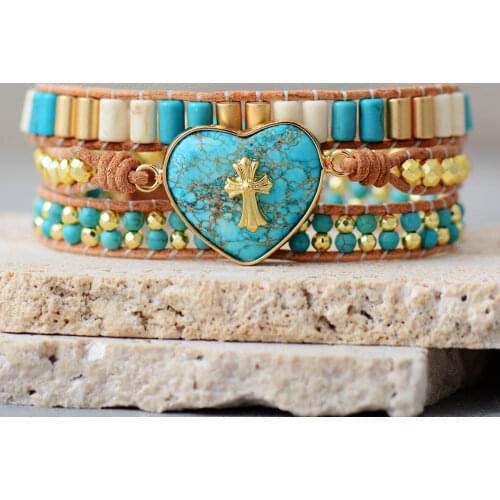 New Charm Leather Wrap Bracelets Heart Imperial Jaspers Cross 3 Strands Statement Bracelet Handmade Beading Jewellery Bijoux