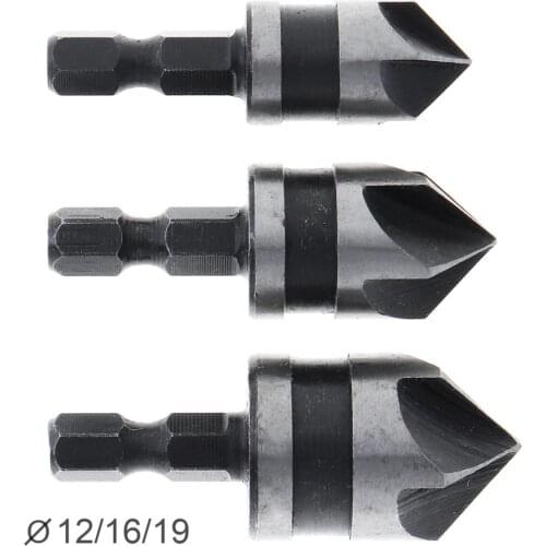 3pcs 5 Flute 90 Degree Hex Shank 12-19mm Chamfer Cutter Countersink for Woodworking Openings New