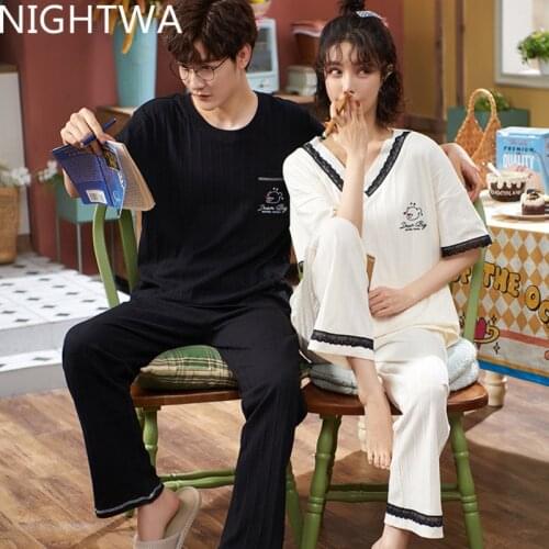 NIGHTWA Couple Pajamas Set Summer Nightwear Women And Men Pajamas Plus Size Homewear Sexy Women Short Sleeve Cotton Sleepwear
