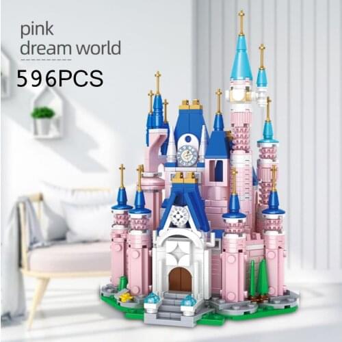 Disney world park building block Disneyland mini scene 8in1 pink castle model assemble brick educational toy for girls gifts