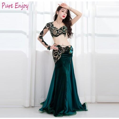 Belly dance performance costume autumn and winter flannel sexy fishtail long skirt suit luxurious custom oriental dance clothes