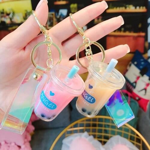 Creative Mini Soft Drink Keychain Decompression Jewelry Gift Coconut Milk Tea Beverage Bubble Tea Acrylic Moving Liquid Oil Drop