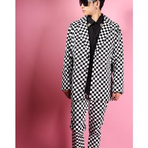 Coat Male Loose Suit Dress Black White Plaid Casual Suit Jacket Male Stage Costumes Streetwear Fashion Hip Hop Blazer Suit Coat