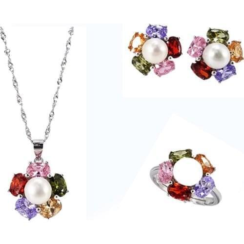 MADALENA SARARA Freshwater Pearl Inlaid S925 Women Jewelry Set Colorful Cubic Zirconia Made-C