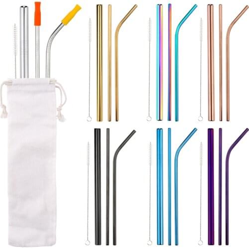Reusable Metal Drinks Straws Set with Cleaner Brush 304 Stainless Steel Drinking Straw Milk Drinkware Bar Party Accessory