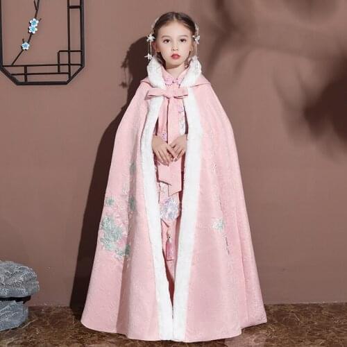 Girls Hanfu Cape winter new Embroidery Long Cloak Chinese Children Ancient Style Mantle Kids New Years Wear Keep Warm