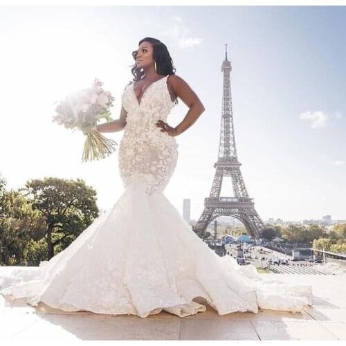 African Long Mermaid Wedding Dresses Plus Size 3d flower Lace appliques sweep Train Trumpet Bride Wedding Gowns custom made