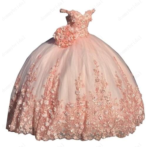 Romantic Coral 3D Floral Flowers Charras Ball Gown Dress For Quinceanera 15 Year OLd Girl with Cap Short Sleeve Ciderella Dress