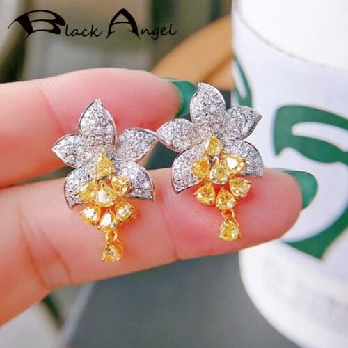BLACK ANGEL 925 Silver Flowers Stud Earrings For Women Inlaid Shiny Asscher Cut Citrine Fashion INS Style Jewelry Student Gift