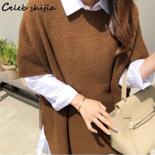 SHIJIA Vintage Brown Sweater Woman Fall 2021 Short Sleeve Loose Knitted Jumper Woman Winter Chic Elegant Knit Pullovers